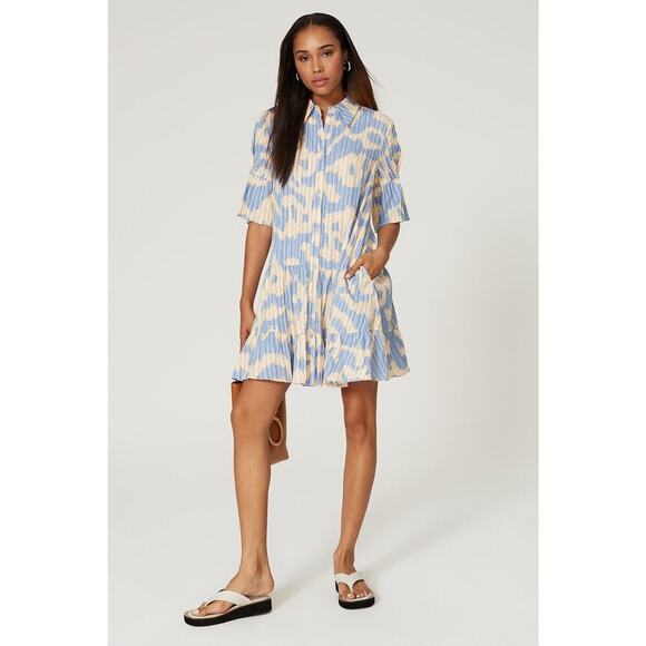 DIANE VON FURSTENBERG Blue Printed Shift Shirt Collar Neck Beata Dress Size 2 - Picture 1 of 12